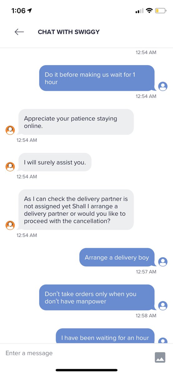 sammyali05's tweet photo. Instead of solving my problem , they want to cancel my order @swiggy_in @SwiggyCares 

If you want to cancel the order, why do it after making us wait for one hour ? https://t.co/z5nOEbFByY