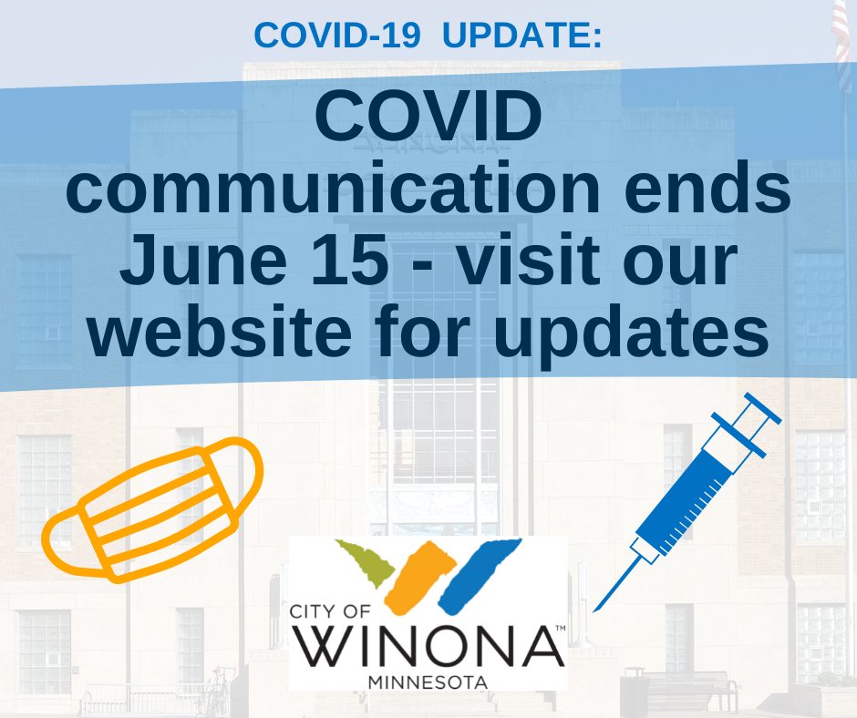 Our COVID communication is coming to an end - we'll be idling and archiving this account June 15.

Stay in touch at our website - cityofwinona.com - and sign up for text/email updates on the homepage using our new NotifyMe feature!

More details: cityofwinona.com/list.aspx