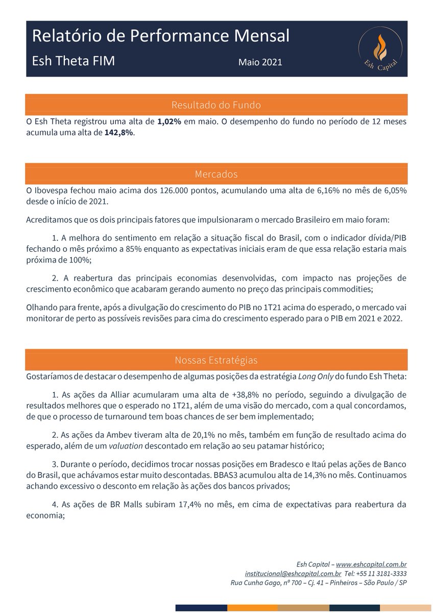 EshCapital's tweet photo. Veja nossa Performance e nosso Relatório Mensal sobre maio de 2021. https://t.co/a435JO1eAH