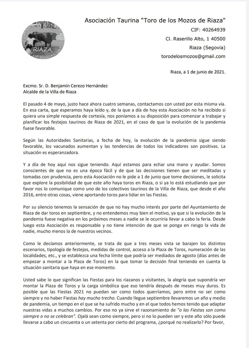torosdelosmozos's tweet photo. Esta es la nueva carta que le hemos enviado al alcalde de Riaza, esperemos que está si sea contestada.
Seguiremos luchando por ver toros en nuestro pueblo.
Si se quiere se puede. https://t.co/oXt0V3lFmB