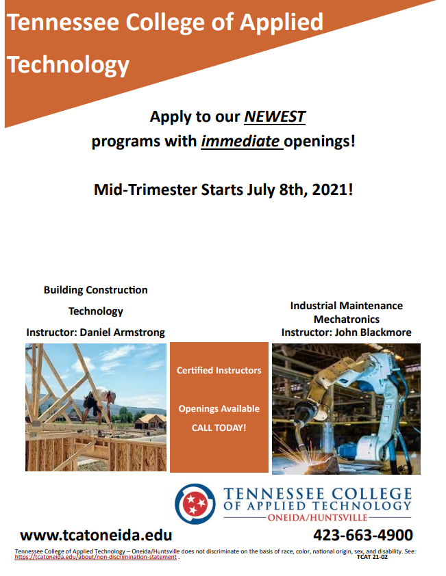 TCATOneida's tweet image. There&apos;s still time to enroll in one of our new programs this summer! The Mid-Trimester start date is July 8th, so call 423-663-4900 or visit our website at tcatoneida.edu and apply now!