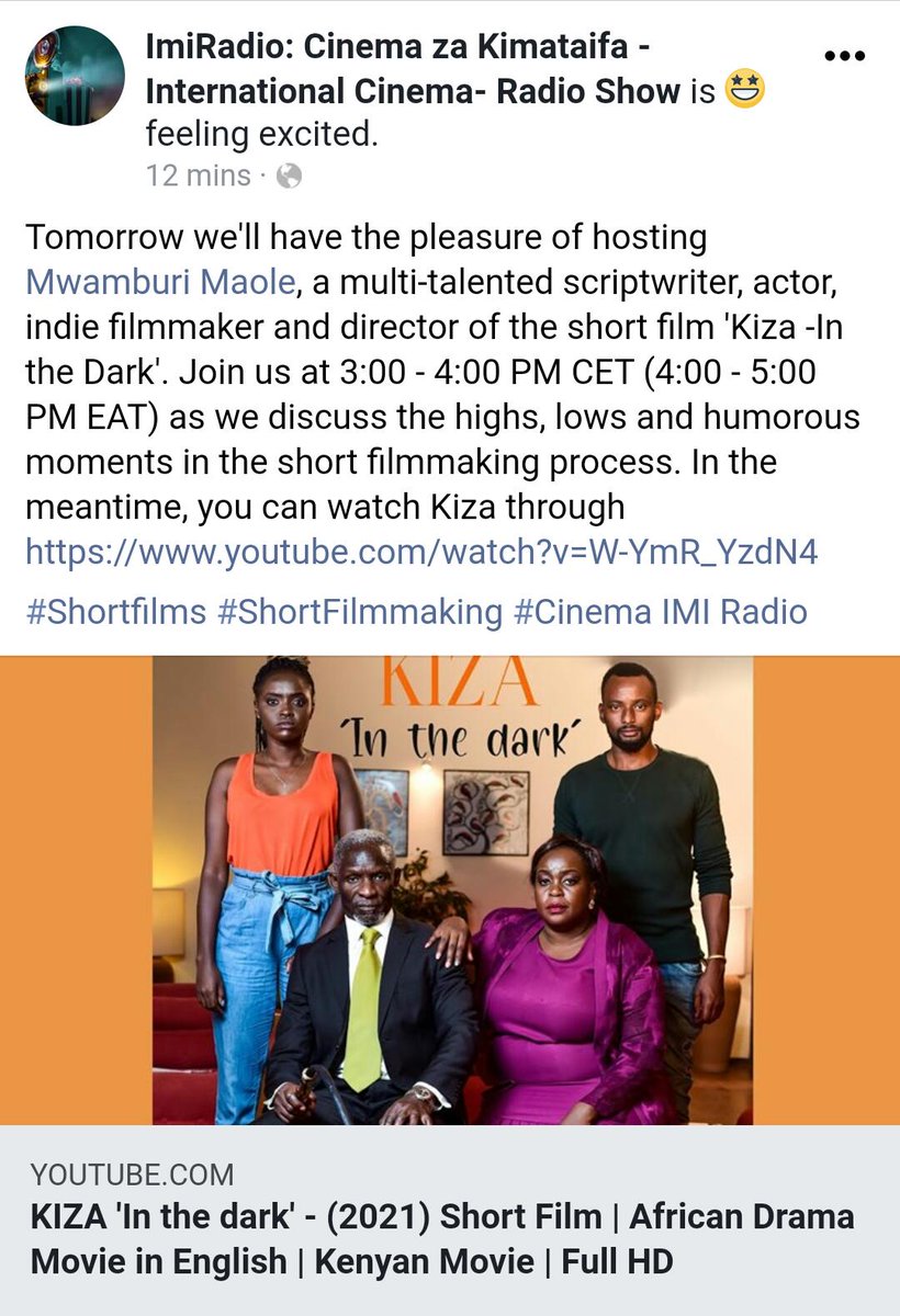 graciema2's tweet photo. Tune in tomorrow at 3:00 - 4:00 pm C.E.T (4:00 - 5:00 PM E.A.T) for an edutaining session with @MwamburiMaole on #Cinema_Za_Kimataifa on @IMIRADIO_pl . 
Link to film; https://t.co/qU5xfue2xN

#shortfilms #Filmmaking #OnlineRadio #Cinema https://t.co/bZchji8jFd