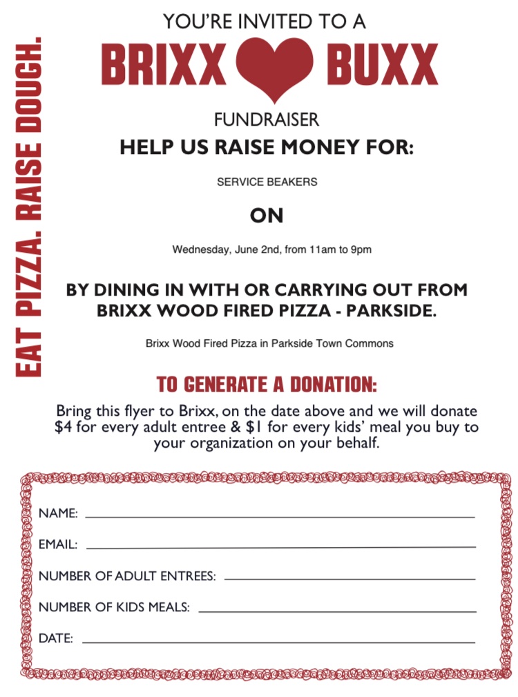 ServiceBeakers's tweet photo. Come out and support us at @BrixxPizza Parkside for our Brixx Buxx night! You can also order online, and please say you are here to support Service Beakers! https://t.co/awgy5mBkaJ