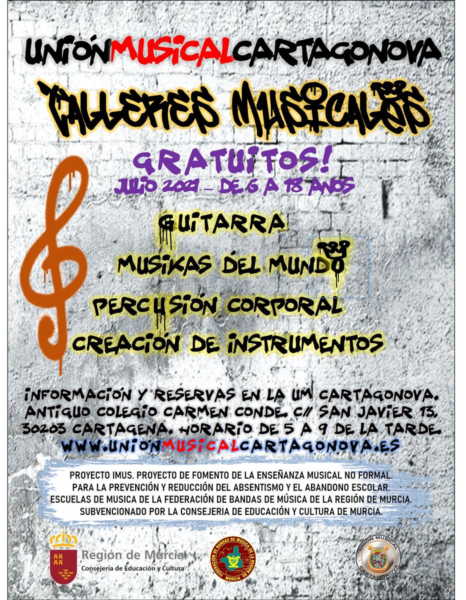 La #UMC pone en marcha sus TALLERES MUSICALES. Estos talleres están enmarcados en el proyecto #IMUS que gestiona la <a href="/febandasrmurcia/">Federación Bandas de Música de la Región de Murcia</a>
 y está financiado por la Consejeria de Educación de la #CARM. Desde el 28 de junio y durante todo el mes de julio.
unionmusicalcartagonova.es/web/este-veran…