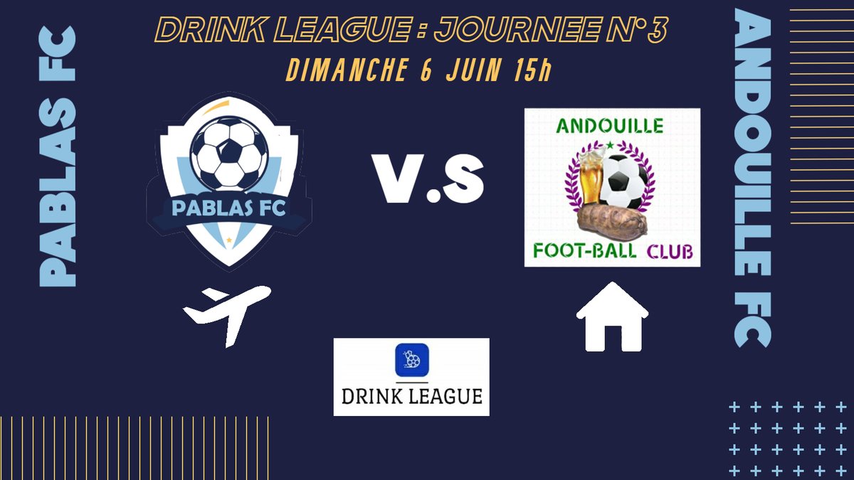 💥J-4

Voici la date et l'heure de notre 3ème journée de Drink League qui se déroulera chez <a href="/AndouilleC/">Andouille Football Club</a>  

🔜#AFCVSPFC