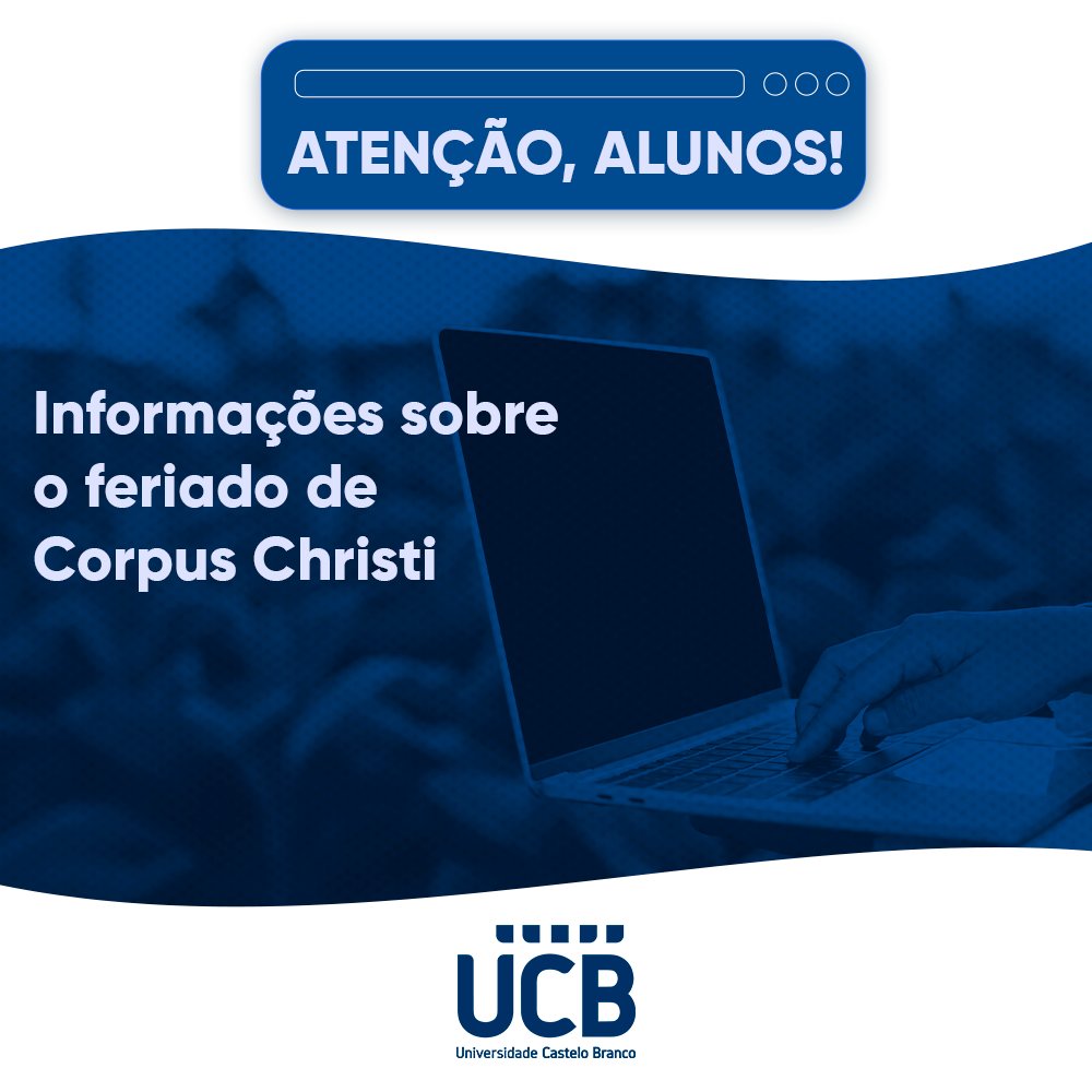 🗓Nos dias 3, 4 e 5 de junho não haverá aulas e nem atividades administrativas na Universidade Castelo Branco, conforme consta em nosso calendário académico.

As aulas e atividades voltam a acontecer normalmente no dia 07/06 (segunda-feira).😉