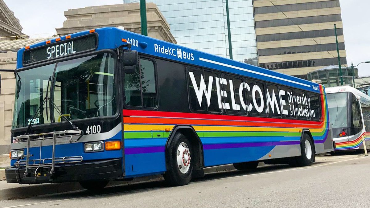 RideKCTransit's tweet photo. Happy #Pride Month from @RideKCTransit! We celebrate the diversity of Kansas City this month and every month. We hope to see you on the #PrideKC bus soon! https://t.co/Gl7g3haQSW
