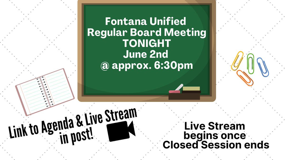 Regular Board Meeting tonight, Wed. June 2nd
🎥Link to Live Stream (Meeting begins after Closed Sessions ends, approx. 6:30pm): livestream.com/accounts/64958…
✏️June 2nd Board Agenda: go.boarddocs.com/ca/fusd/Board.…