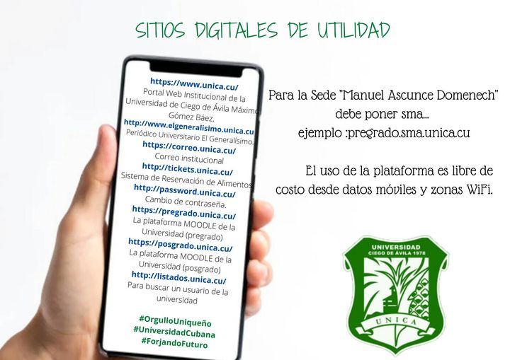 !Algunos sitios digitales de interés!
📲💻👉Por una Universidad más conectada, más cerca de ti.
#UniversidadCubana #OrgulloUniqueño #ForjandoFuturo 
unica.cu ----- Portal Web Institucional de la Universidad de Ciego de Ávila Máximo Gómez Báez.