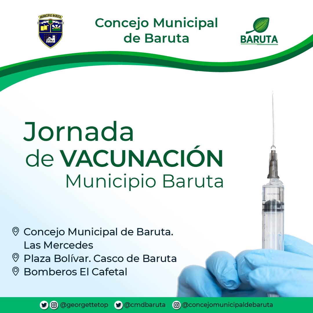 #2Jun Vecinos de #Baruta🍃, se instalarán 3 Centros de Vacunación 💉 en contra de la #COVID19 😷, ubicados en: 

📌Concejo Municipal. Las Mercedes 
📌Bomberos. El Cafetal
📌Plaza Bolívar. Casco de Baruta