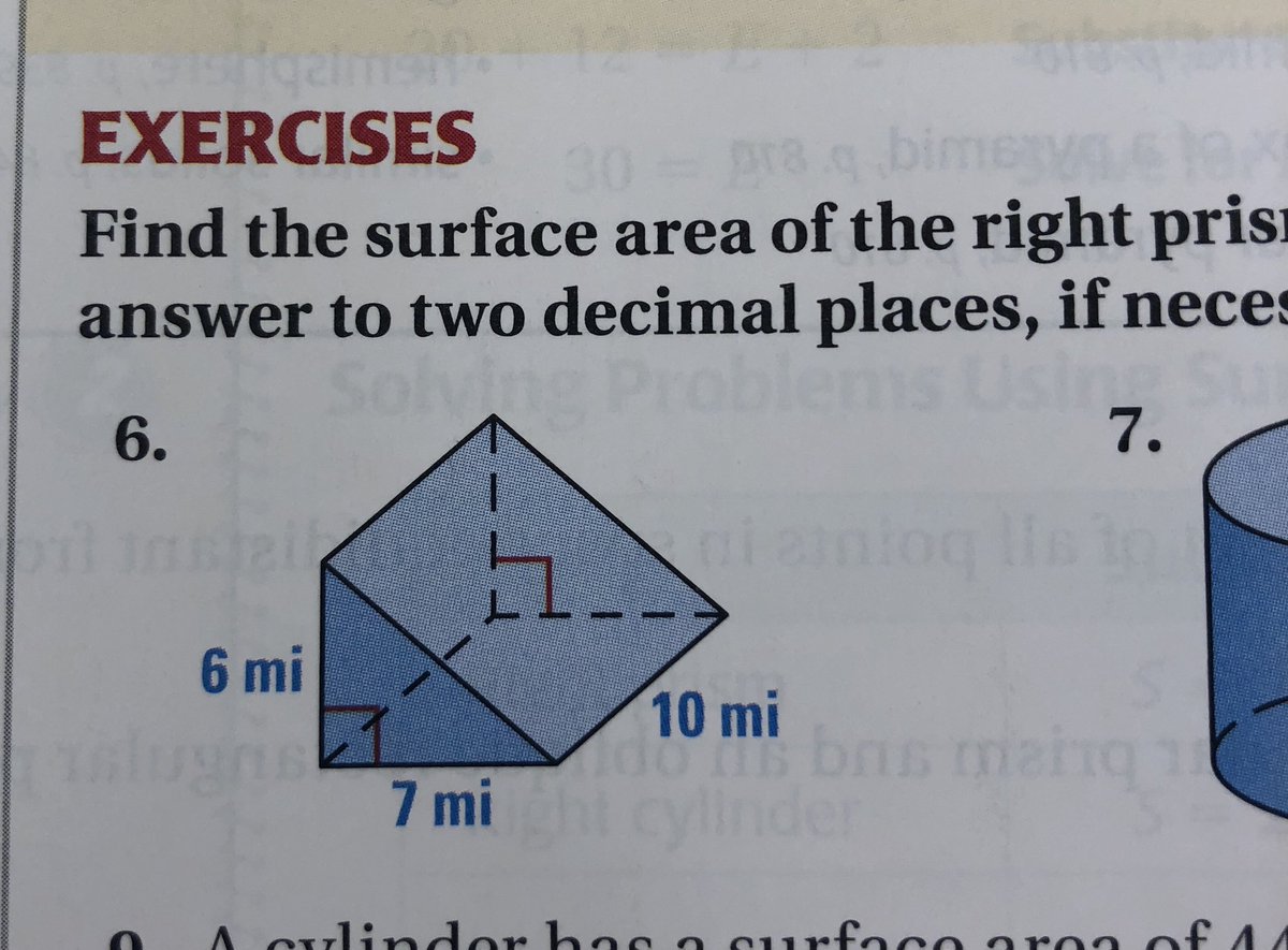 KarenCampe's tweet photo. I'm all for using units on diagrams for math problems. 
But can anyone see a reason we would want the surface area of a 10-mile long triangular prism?? 😝
#MTBoS #iTeachMath https://t.co/9zbDIE5HAO