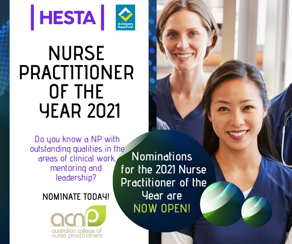 acnp_national's tweet image. Do you know a #NursePractitioner who deserves to be #recognised for their incredible work?  If so, nominate them today for the #HESTA Nurse Practitioner of the Year, 2021. acnp.org.au/hesta-nurse-pr…
Applications close on the 30 June, 2021. 
#np #award #recognition #deservingnp