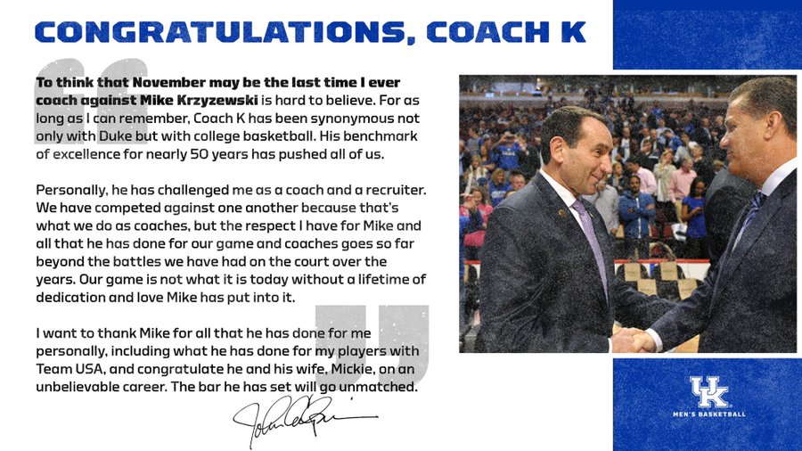 John Calipari sends classy note about Coach K