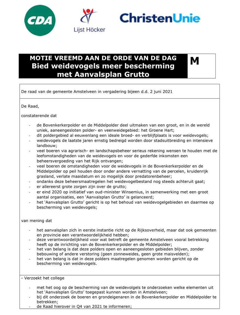 <a href="/CDA_Amstelveen/">CDA_Amstelveen</a> dient een motie vreemd aan de orde van de dag in: “Bied weidevogels meer bescherming met Aanvalsplan Grutto”.