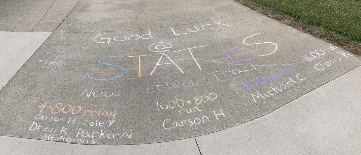If you haven’t heard, 8 athletes are going to states!
4x800: Carson Hersch, Cole Yaros, Drew Kohlmann, Parker Noonan, alt. Aaron Vincke
1600m &amp; 800m: Carson Hersch
300m Hurdles: Michael Castillo
1600m: Clara Krupp!

The chalk art is courtesy of Clara! Look out for us on Saturday!