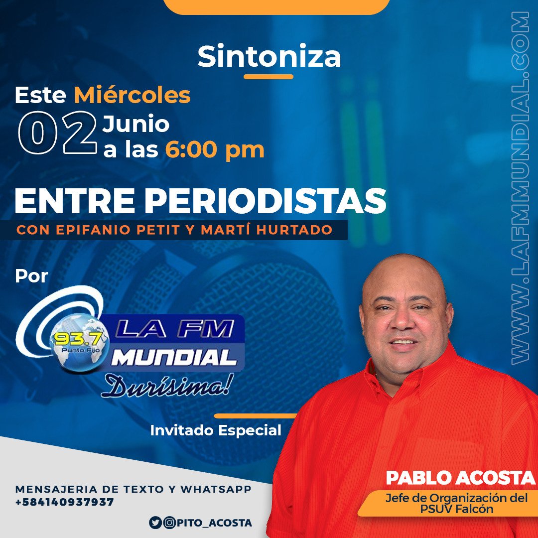¡ATENCIÓN CAMARADAS! Hoy estaré como Invitado en el programa radial "Entre Periodistas" con Epifanío Petit y Martí Hurtado.

Por la 93.7 FM Mundial Durisima 
Hra: 6:00 PM
#JunioBicentenario 

<a href="/NicolasMaduro/">Nicolás Maduro</a> <a href="/dcabellor/">Diosdado Cabello R</a> <a href="/PartidoPSUV/">PSUV</a>