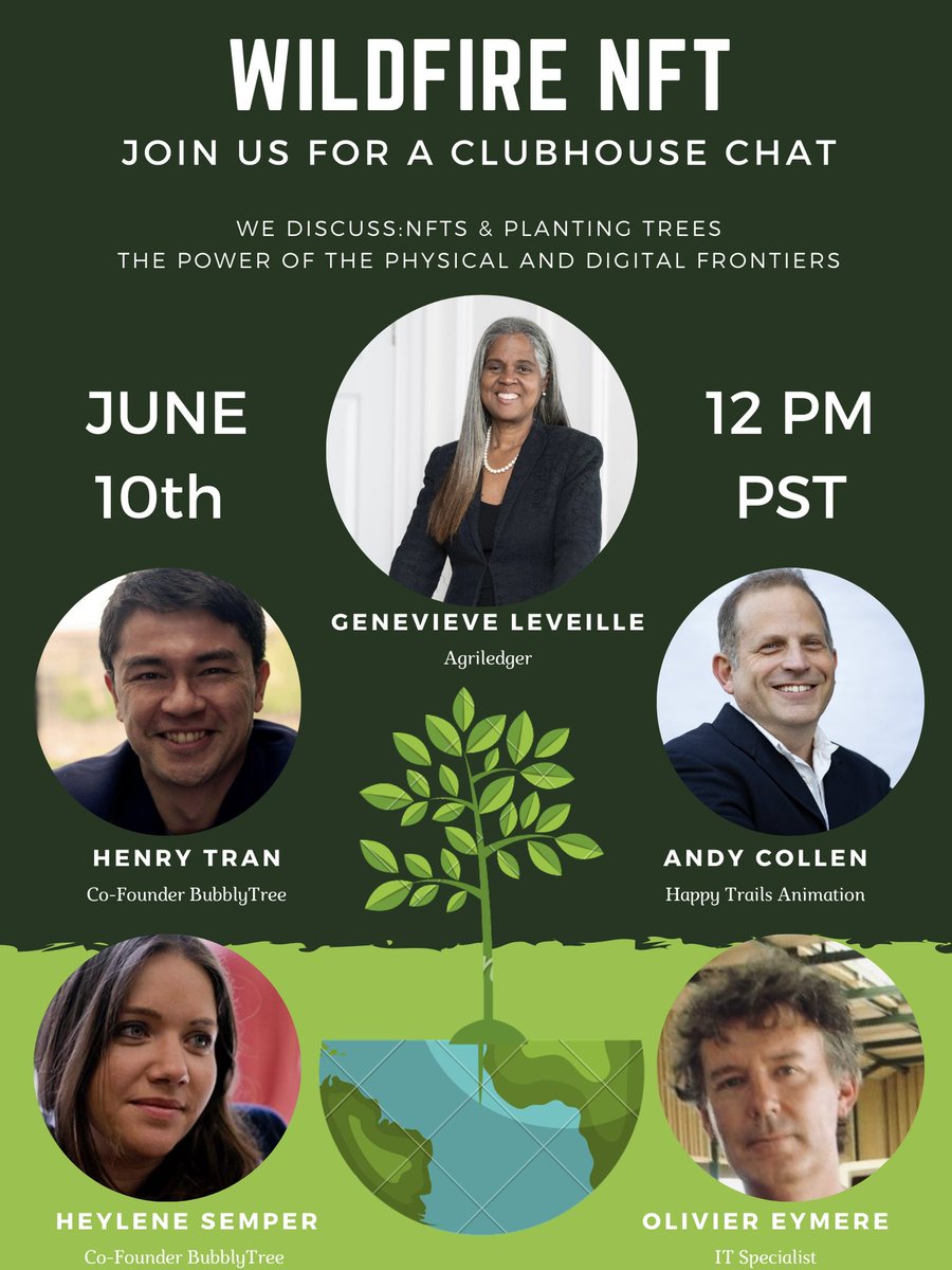 ginakpark's tweet photo. We are excited to announce our Clubhouse event on June 10th at 12:00 PST LA / 20:00 BST London. Find out more about how we are trying to save the planet with the power of creativity and technology! #clubhouse #nft #artmeetsinnovation #bubblytree #agriledger #happytrailsanimation https://t.co/EW4SQcrLvI