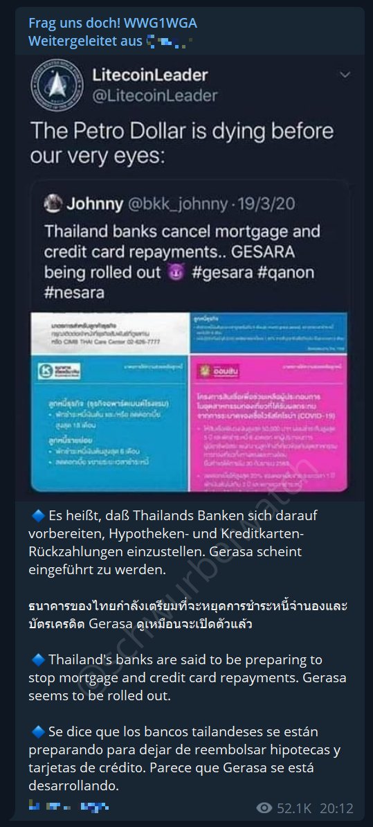 schwurbelwatch's tweet photo. Unser liebster #QAnon-Quatsch-Kanal #Fragunsdoch (von Alexander Quade) ist zurück.
Diesmal sollen Banken in #Thailand keine Rückzahlungen von Krediten und Kreditkartenschulden mehr annehmen.
Klares Zeichen für einen globalen Schuldenerlass (#GESARA).
Gaga. https://t.co/S0TIIVZhND