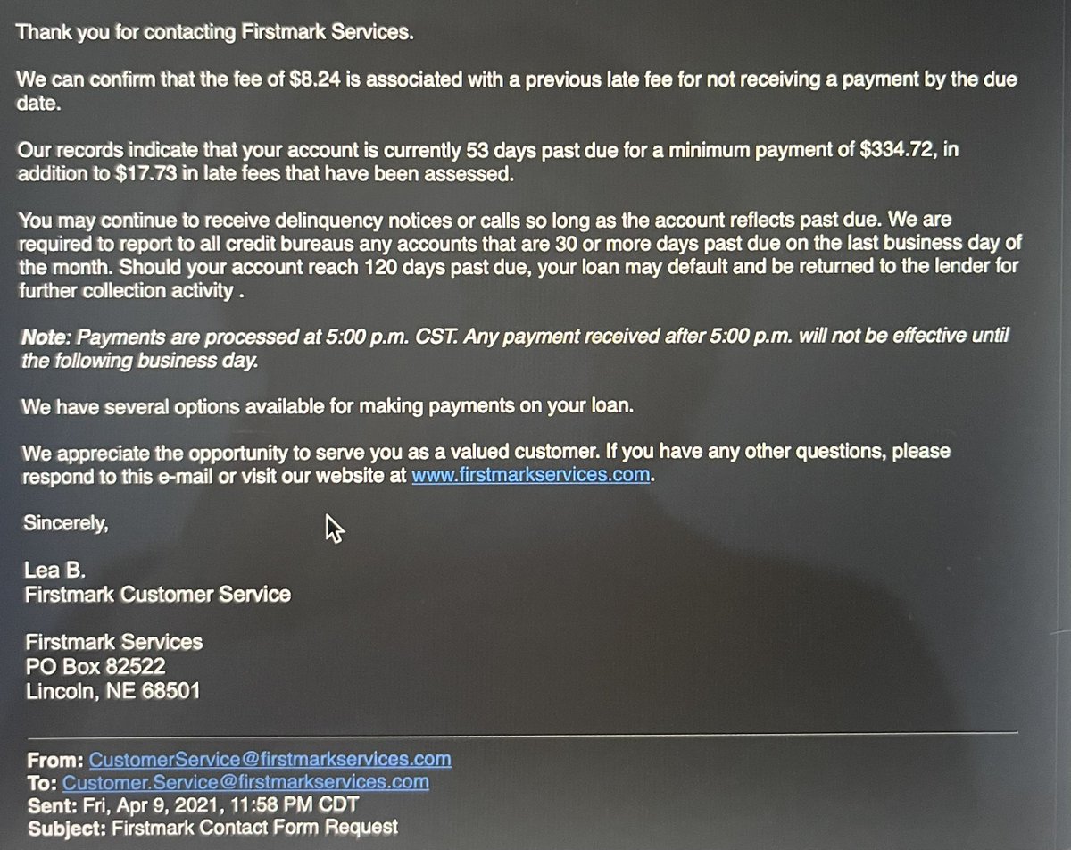 license2kill89's tweet photo. @bbb_us need to check #FirstMarkServices they are continuously charging late fees and claiming that monthly payments, which, includes fees do not get allocated as such although and email clearly states otherwise. @WhiteHouse https://t.co/yy8oFgv8L0