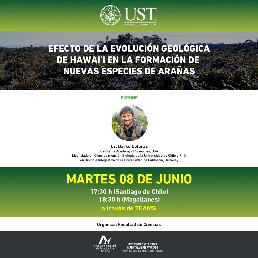 cespozl's tweet image. MARTES 08/06 a las 17:30 h Chile continental/18:30 h Magallanes. Dr. Darko Cotoras con el efecto de la evolución geológica de Hawai’i en la formación de nuevas especies de arañas. @UST_Santiago @ADEFAS2001 
teams.microsoft.com/l/meetup-join/…