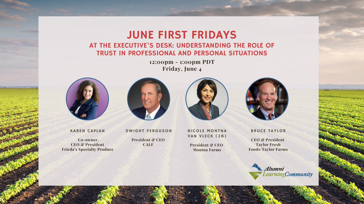 There's still time to register for this week's First Fridays! Our updated panel will include alumna Nicole Montna Van Vleck (26). See you Friday! 

Register: zoom.us/meeting/regist…

#wegrowleaders #caagleadership #agleaders #calfclass26 #firstfridays #lifelonglearning