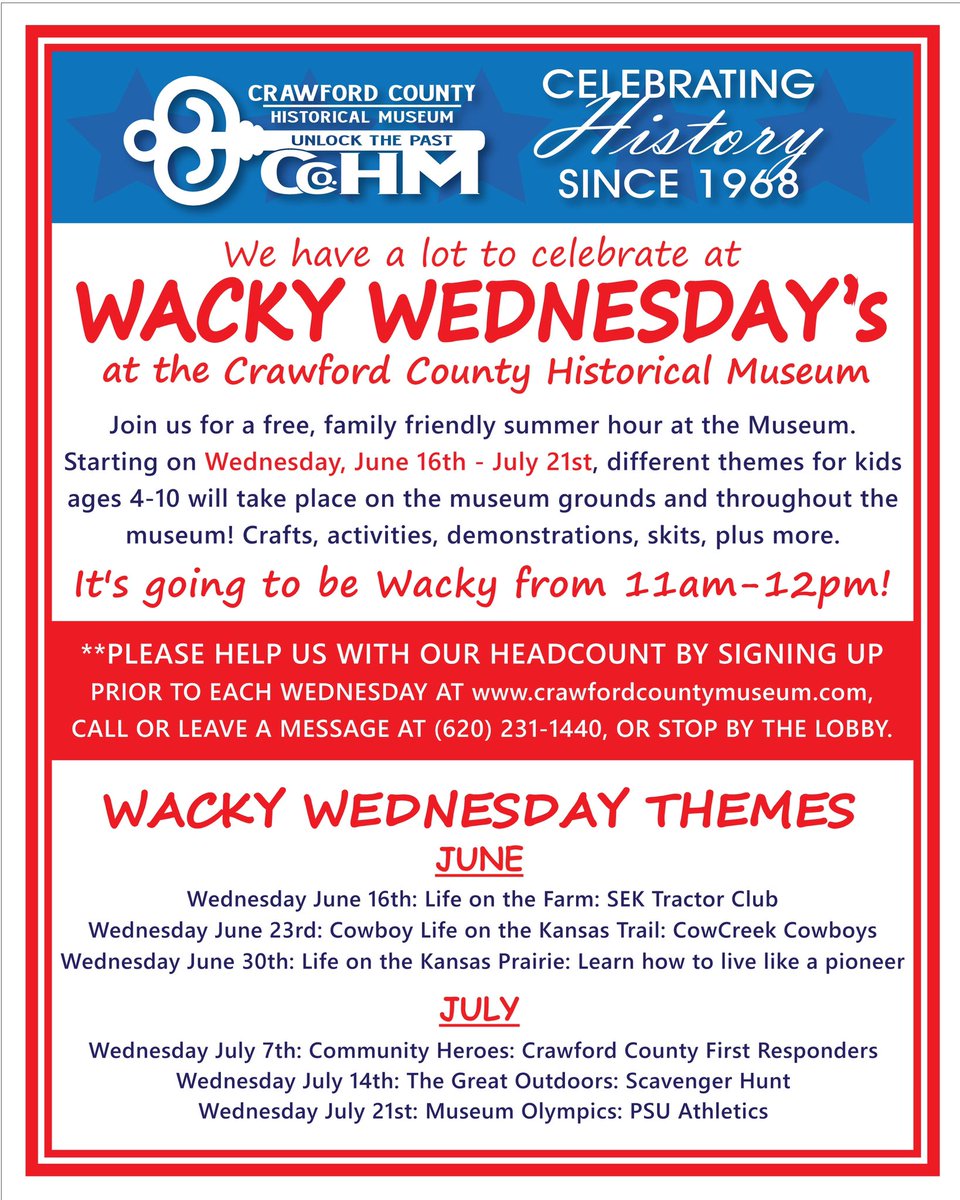CC Historical Museum (@crawcomuseum) on Twitter photo Who is ready to get WaCkY? Two weeks from today- Wacky Wednesday is Back🙌🏼 #WackyWednesday #Museums2021 #summer #community #summerfun #diggingintohistory #wednesdayfunday @VisitCrawford <a href="/PittsburgKS/">City of Pittsburg, KS</a> <a href="/hometowngirard/">Hometown Girard</a> <a href="/CityofArma/">CityofArma</a> Who is ready to get WaCkY? Two weeks from today- Wacky Wednesday is Back🙌🏼 #WackyWednesday #Museums2021 #summer #community #summerfun #diggingintohistory #wednesdayfunday @VisitCrawford <a href="/PittsburgKS/">City of Pittsburg, KS</a> <a href="/hometowngirard/">Hometown Girard</a> <a href="/CityofArma/">CityofArma</a>