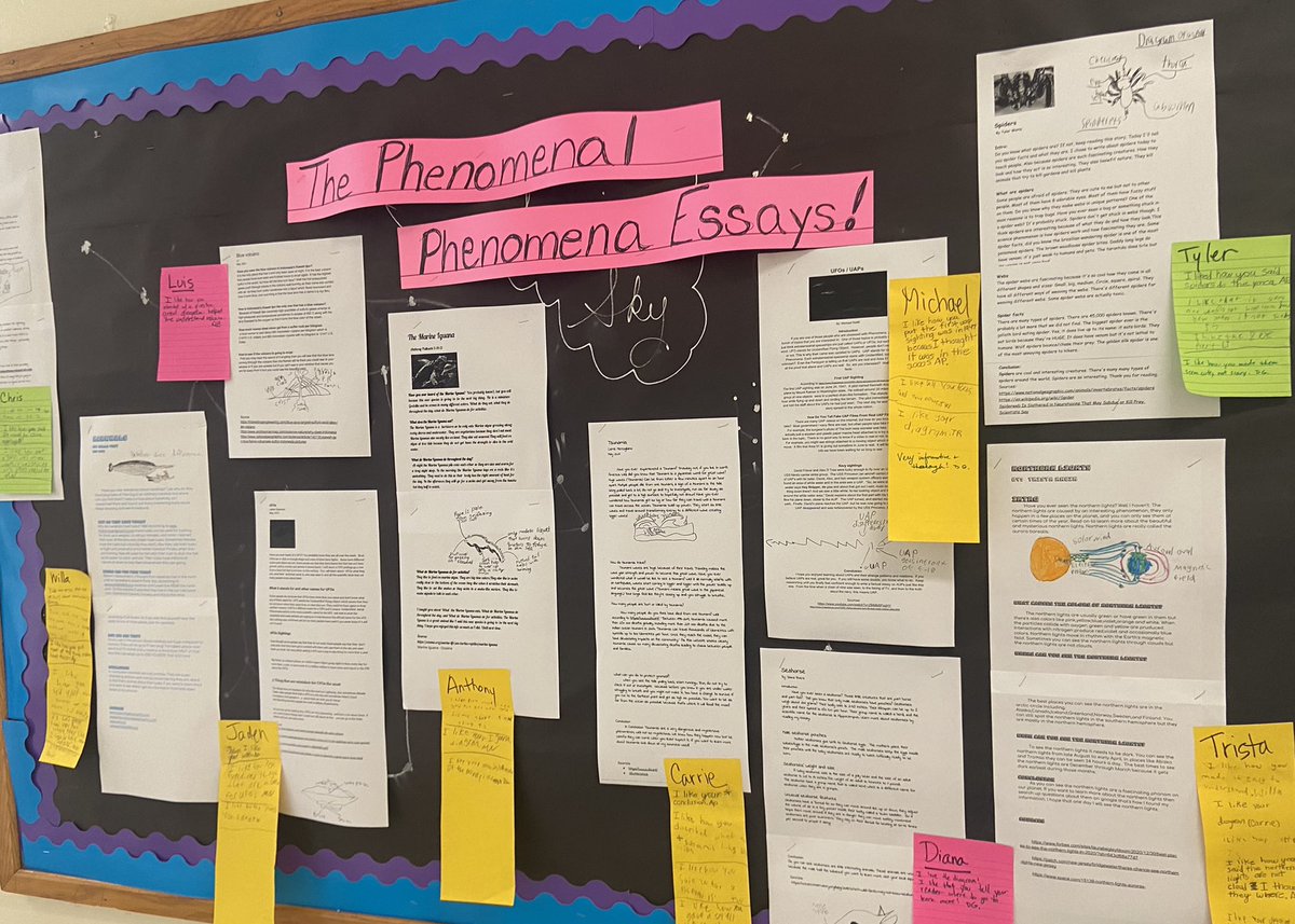 Diane_galuppo's tweet photo. 5th graders wanted to know more about these odd phenomena, such as UFOs, UAPs, aurora borealis, narwhal tusks, blue volcano... #readingwritingworkshop @FSDVikings https://t.co/wsnz3Z8wf1