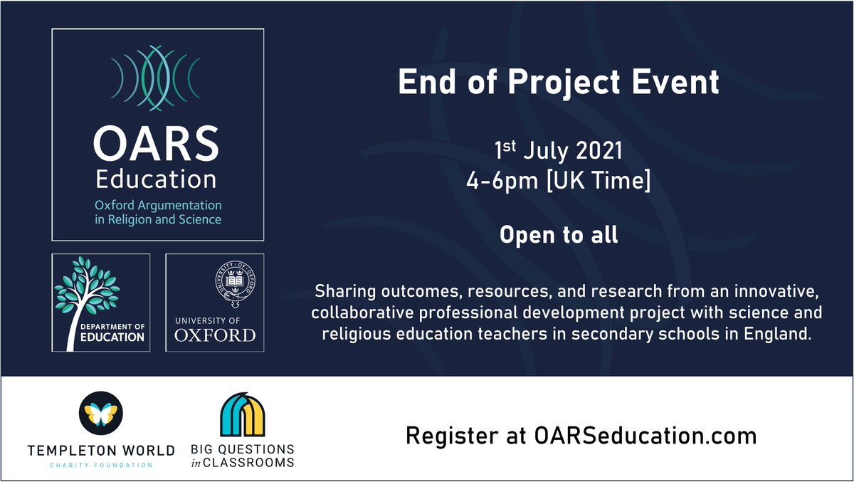 Big news! In one month, OARS Education is holding an end-of-project event to share their research and educational resources.

The project, directed by @ErduranSibel at <a href="/OxfordDeptofEd/">Department of Education, University of Oxford</a>, is part of our <a href="/ExploreBQiC/">Big Questions in Classrooms</a> initiative. All are invited to attend. oarseducation.com/2021/04/30/oar…