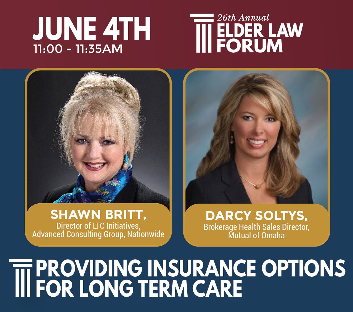 PierroConnorLaw's tweet photo. How can you use INSURANCE to meet long-term care needs? What products are available in NY State today? Get the answers at the virtual 26th Annual Elder Law Forum, when Shawn Britt of @Nationwide and Darcy Soltys of @MutualOfOmaha join us. Sign up today: https://t.co/GaH3ZELlwB https://t.co/HaqHqbeJDJ