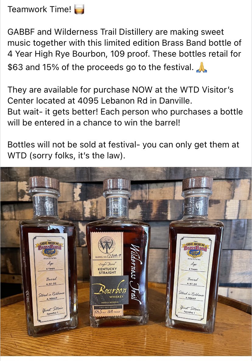 <a href="/DanvilleGABBF/">DanvilleGABBF</a> and <a href="/WTDistillery/">Wilderness Trail</a> are making sweet music together with this limited edition Brass Band bottle of 4 Year High Rye Bourbon, 109 proof. 🥃 These bottles retail for $63 and 15% of the proceeds go to the festival. 🙏 #gabbf2021 #kycraftbourbontrail #destinationdanville