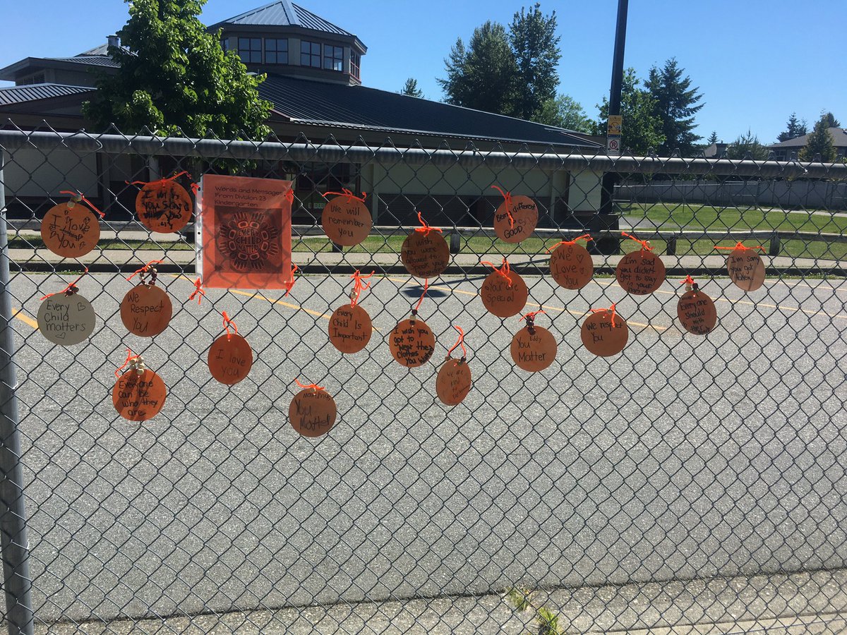 WRkinders's tweet photo. Kindergarten messages to the children of residential schools displayed for our community to see. @Surrey_Schools https://t.co/7URMj9m5X6