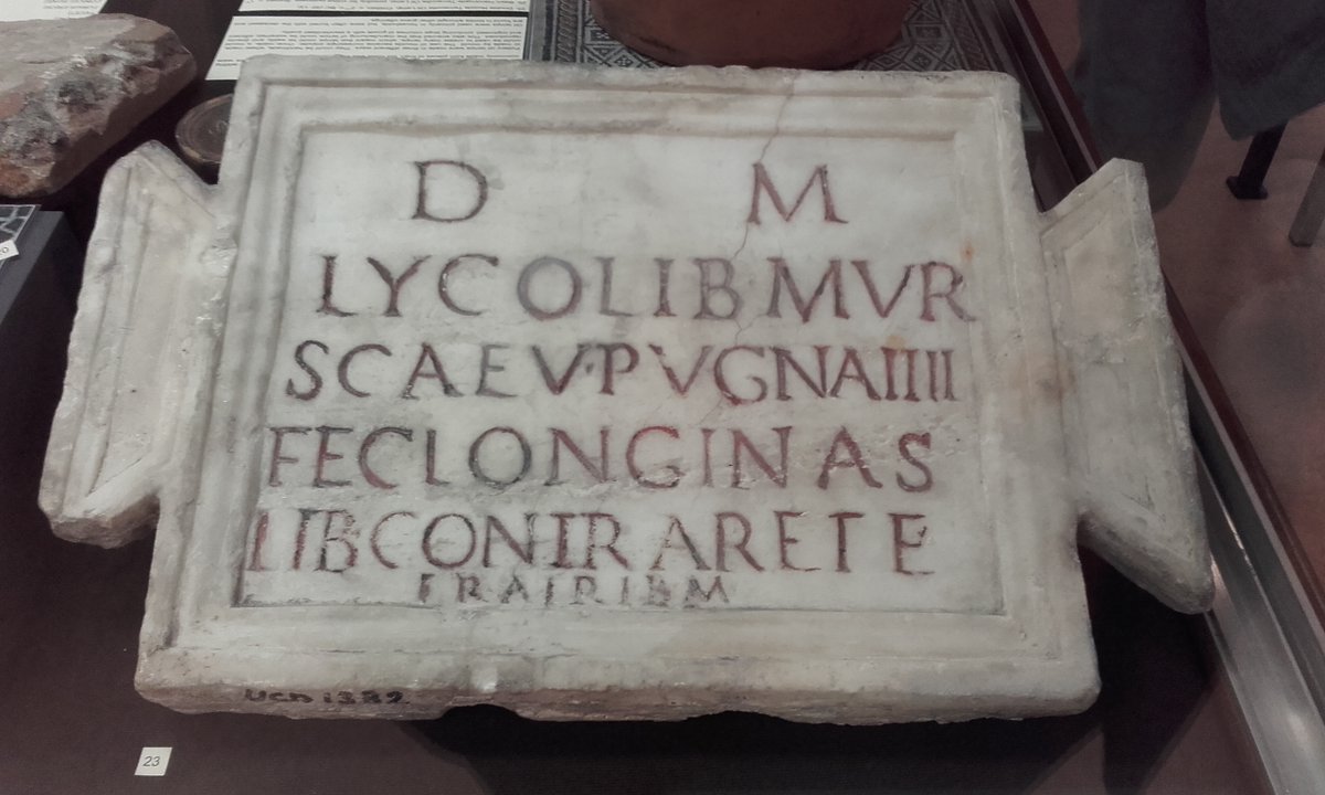 DrJEBall's tweet image. This tombstone, found in #Rome, commemorates a freed #Roman gladiator named Lycus, &amp;amp; was dedicated by a fellow freed gladiator named Longinas. Lycus fought as a (left-handed) murmillo, &amp;amp; the inscription reveals he participated in 4 fights before being freed #RomanArchaeology