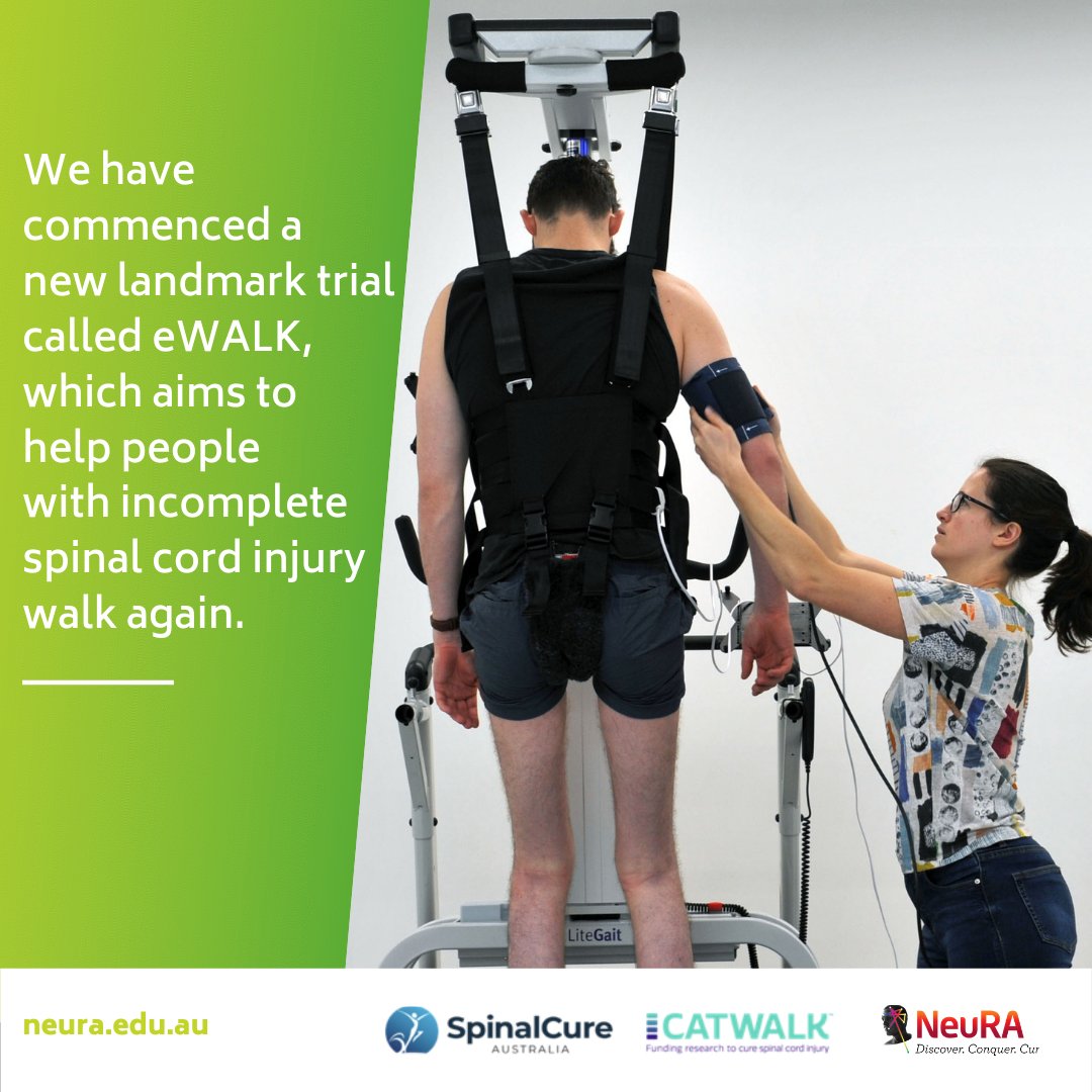 NeuRA announced a new landmark trial, #eWALK, which aims to help people with incomplete #spinalcordinjury walk again, thanks to funding from 
<a href="/SpinalCure/">SpinalCure Australia</a> and <a href="/CatWalkTrust/">The CatWalk Trust</a> bit.ly/3uHyfyK <a href="/SimonGandevia/">Simon Gandevia</a>
