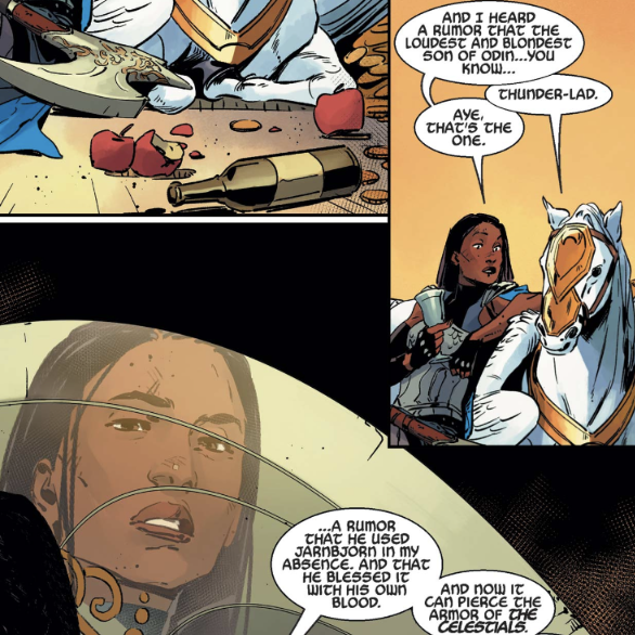 CrazyforRAMU's tweet photo. Talking about #Thor without saying "Thor." #KingInBlack did many cool things, including successfully adding an MCU-ish #Valkyrie to #MarvelComics.

From #ReturnOfTheValkyries 3 on #MarvelUnlimited. By @jasonaaron @gronbekk &amp; @sirpangur.

#MrHorse #Jarnbjorn #Runa https://t.co/Z7cJAM4IfO