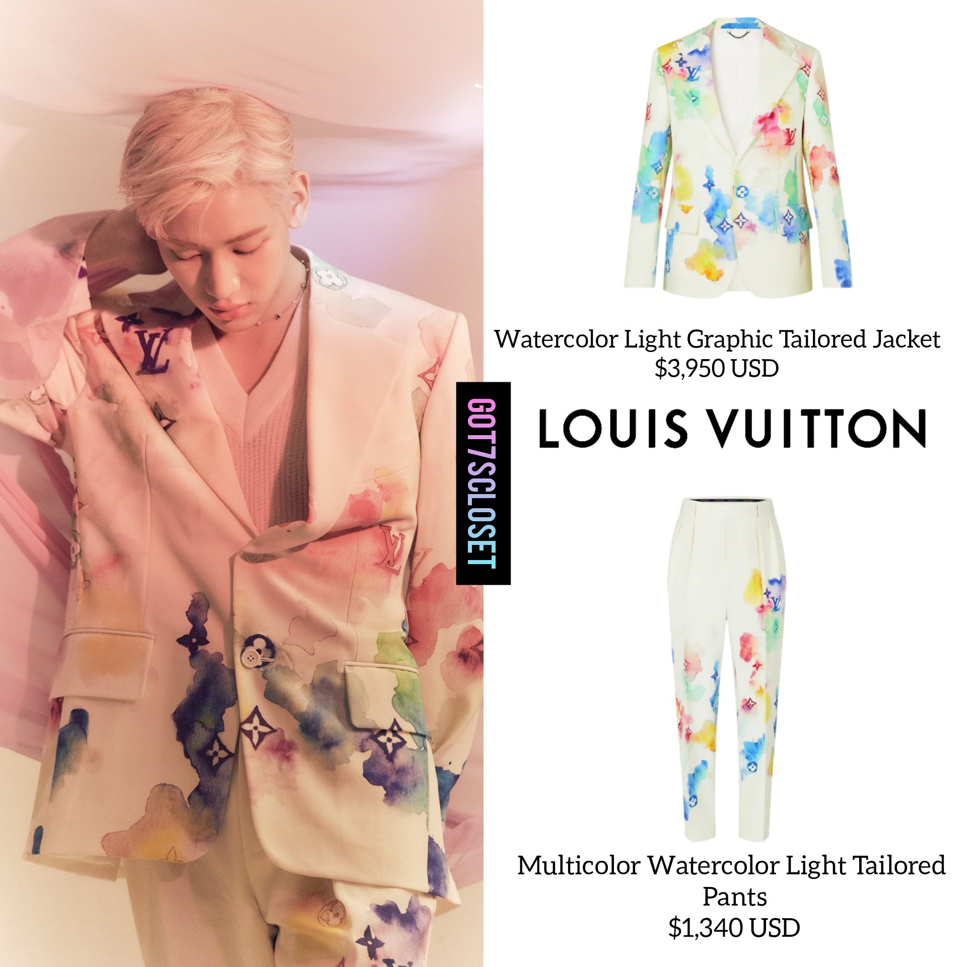 X 上的 GOT7's fashion (fan account)：「[210603] Bambam - 1st Mini Album  [riBBon] 🎀 • LOUIS VUITTON - Watercolor Light Graphic Tailored Jacket.  $3,950 USD. • LOUIS VUITTON - Multicolor Watercolor Light Tailored