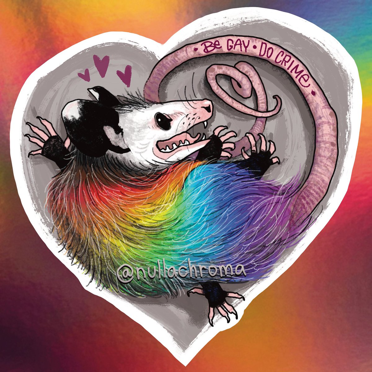 nullachroma's tweet photo. Hella excited to announce my first ever sticker design! I’m getting some samples made and will post when I have stock for sale - so if you’re a queer criminal possum, this is the sticker for you! 
I’ll also be making simpler designs with different pride flags too 🌈🌈🌈 https://t.co/3A38pveBVo