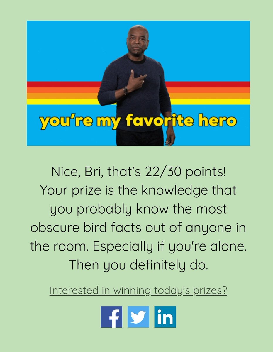 It's Wednesday night, you're already on your phone anyway...so try this bird trivia for #BlackBirdersWeek2021! I'm pretty proud of my score!
Shoutout to <a href="/bellzisbirding/">LeVar Birdin</a> the Trivia Queen!
blackbirdersweek.typeform.com/to/DK8edUVm