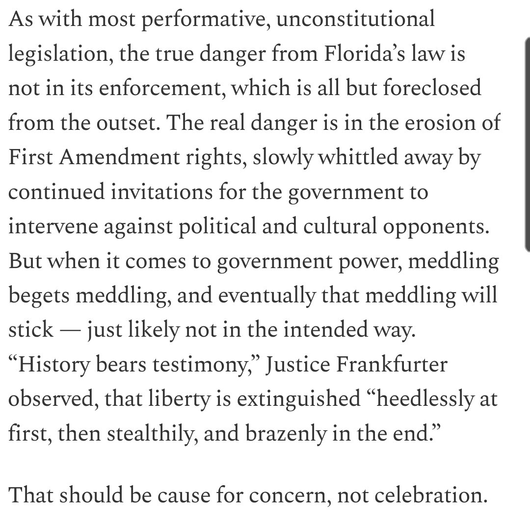 AriCohn's tweet photo. Conservatives shouldn't celebrate Florida's social media law, because trading Big Tech for Big Government will inevitably backfire.

I make the case in the Daily Caller: https://t.co/LrEzsVNssn https://t.co/1anUGySXCX