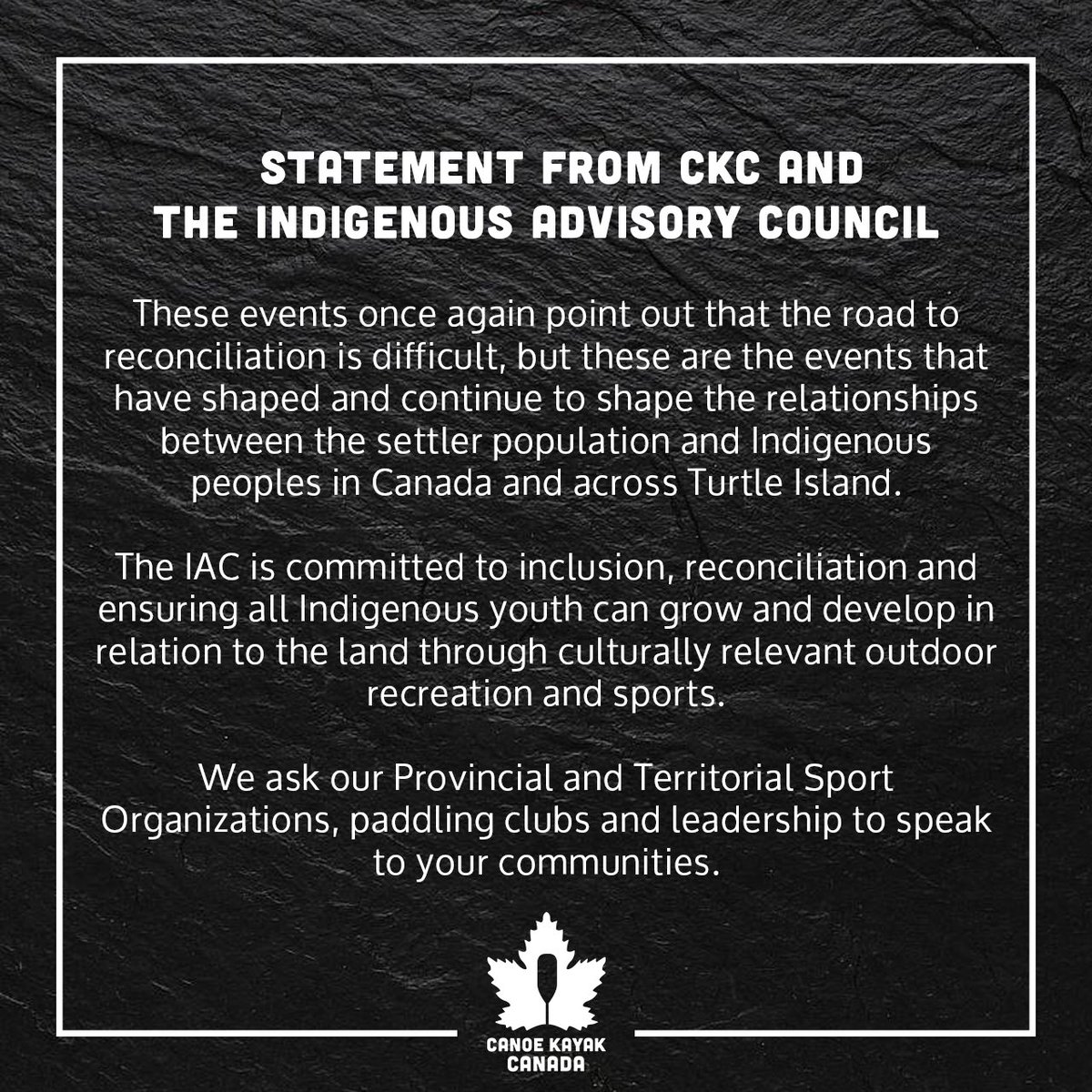 CanoeKayakCAN's tweet image. Statement from CKC and the Indigenous Advisory Council.
•
Full statement is on our website.