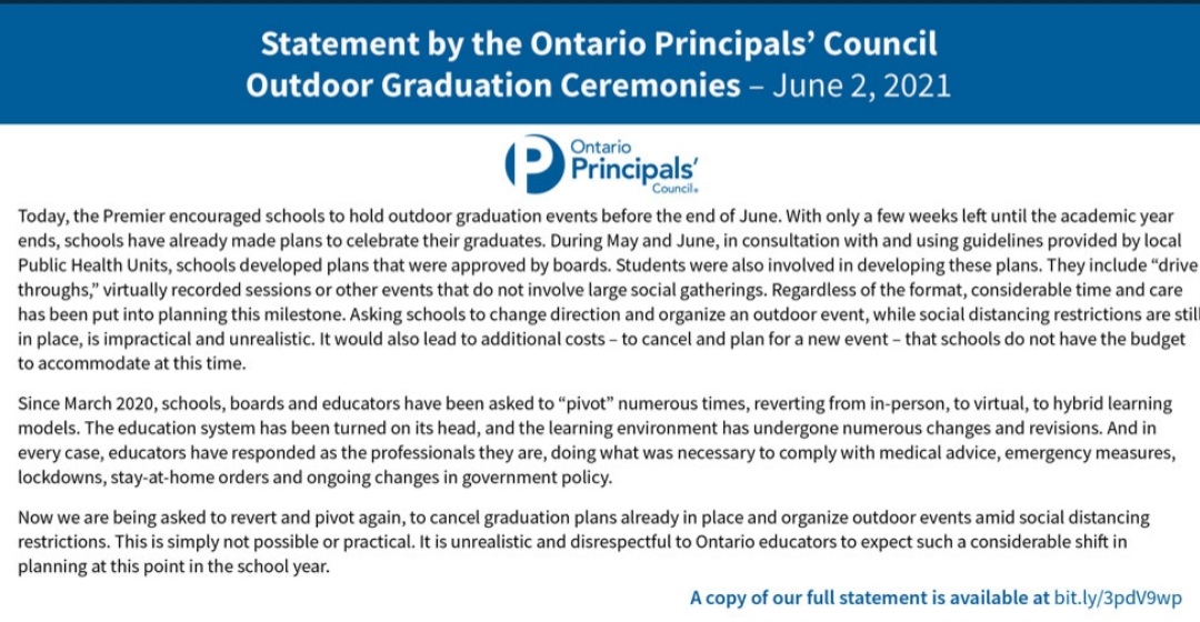 Here's a very powerful statement from the Ontario Principals' Council regarding <a href="/fordnation/">Doug Ford</a>'s outside graduation announcement. "It is unrealistic and disrespectful to Ontario educators to expect such a considerable shift." #onted