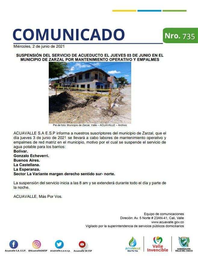 AcuavalleSAESP's tweet photo. ¡Atención municipio de Zarzal @AlcaldiaZarzal! Este jueves 3 de junio, habrá suspensión temporal y sectorizada del servicio debido a mantenimiento operativo y empalmes.
#AcuavalleMásPorVos #MásComunidad #ValleInvencible #Acuavalle https://t.co/md9JSInpW1