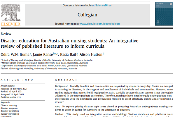 Time to integrate #disaster principles in Australian undergraduate #nursing #curricula. Nurses need to understand the realities.

Latest publication w Winne Ituma, <a href="/Kasia_Bail/">Kasia</a>, and <a href="/alison_hutton/">Alison Hutton</a> 

jamieranse.com/2021/06/disast…

<a href="/GriffithNursing/">Griffith University Nursing & Midwifery</a>; @MenziesHealth; @CDNMANZ