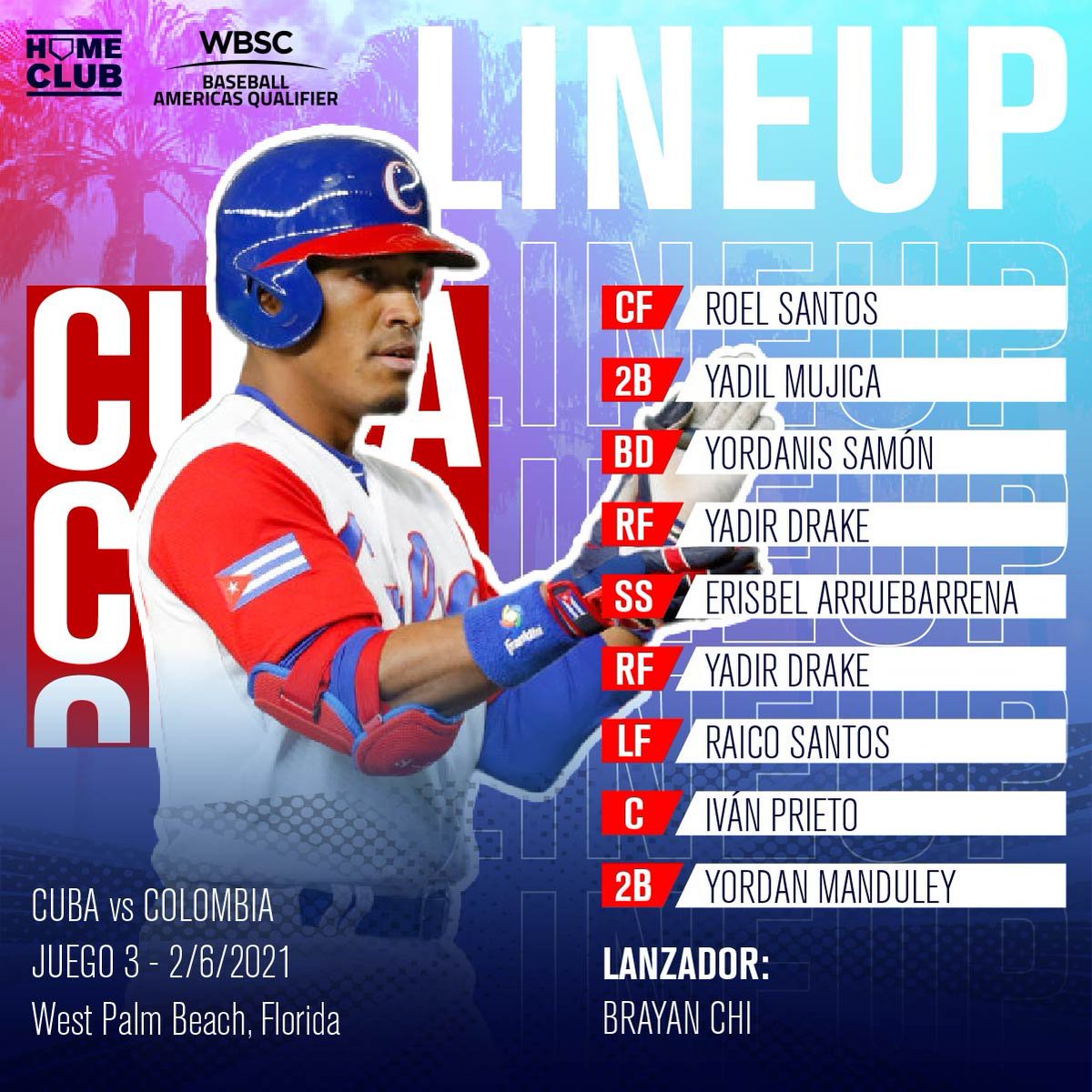 Así abre Cuba ⚾🇨🇺 ante Colombia 🇨🇴 en su última salida del torneo.

#PreolimpicoBeisbol 

#HomeClub | #LaCasaDelBeisbol