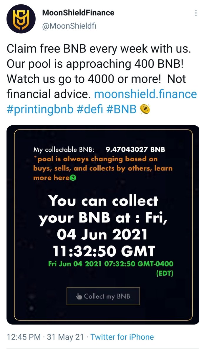 Andrecrypto's tweet photo. @finallyx #MoonShield allows weekly passive income in #BNB, why time the market? Why sell? Why take profits? The more #Mshield you have the more #BNB you get, take the panic out of crypto and start earning again #PassiveIncome #Defi #CryptoCurrency #BSCgem #Binance #Rich https://t.co/EiLqMqdZuf