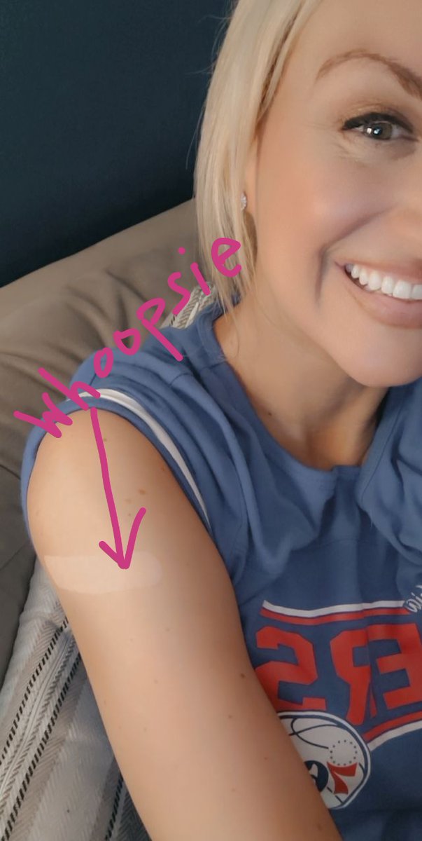 KrystalLynneF's tweet photo. Got my second dose of Moderna this morning and apparently my only side effect so far is forgetting to remove the bandaid before I got my spray tan 😳😳😳 #FullyVaccinated #Moderna #CovidVaccine #spraytan #imadope #Sixers #getwellsoonjoel https://t.co/LVrPFeOGbK