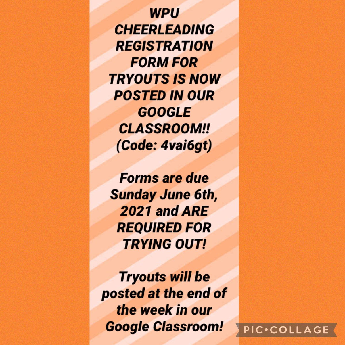 If you are interested in trying out for the WPU cheerleading team for the 2021-2022 season, please fill out this form! It is posted in our Google Classroom. The form is due on Sunday, June 6th and is required for tryouts!🧡🖤 #gopioneers #willpower #wpucheer
