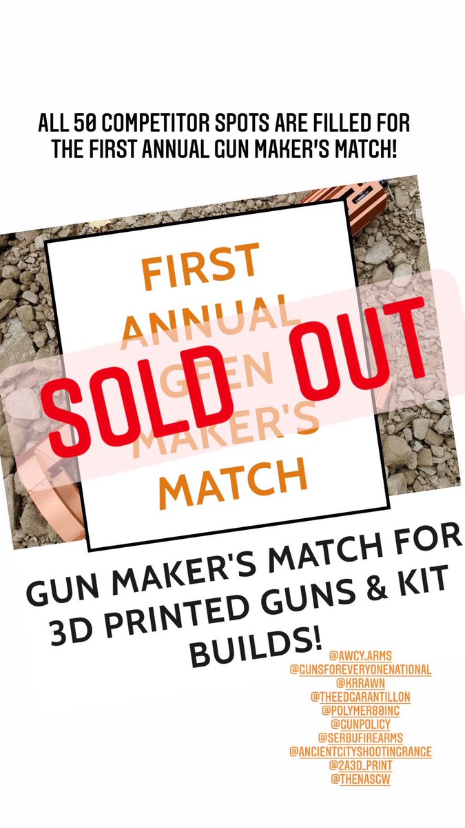 PincusRob's tweet photo. Gun Maker’s Match is Sold Out!
@awcy_arms @GunsForEveryone @gunpolicy @Polymer80inc @GunOwners @NASGW_Pros @BrownellsInc @defcad @RiptideRails @JsdSupply @TUSCNetwork @2AOUSA @MattLaAtLaw @StephenGutowski @michaelbanetv @opensrcdefense @gunculture2pt0 @GhostGunNews #makeguns https://t.co/k7L6YV7pBO