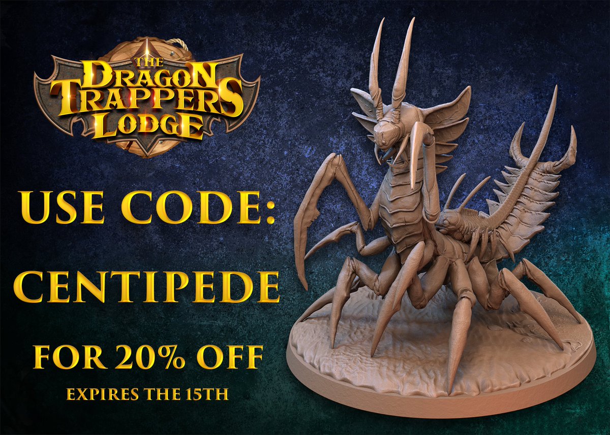 Hey all! Head over to MyMiniFactory and use the code CENTIPEDE for 20% off our minis at checkout! Expiress the 15th! myminifactory.com/users/DragonTr…
​​#dragontrapperslodge #3dprinting #myminifactory #dnd #dungeonsanddragons #minis #miniatures #fantasy