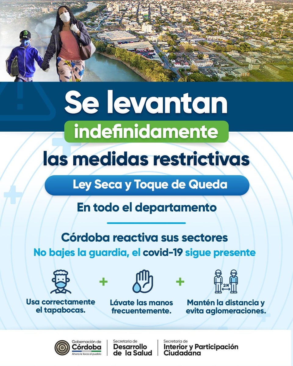 Aunque las medidas restrictivas se levantan y empezamos la etapa de reactivación en todos los sectores, no significa que el #COVID19 se ha ido, debemos seguir cuidándonos, seguir los protocolos de bioseguridad. Tu conducta marca nuestro destino.