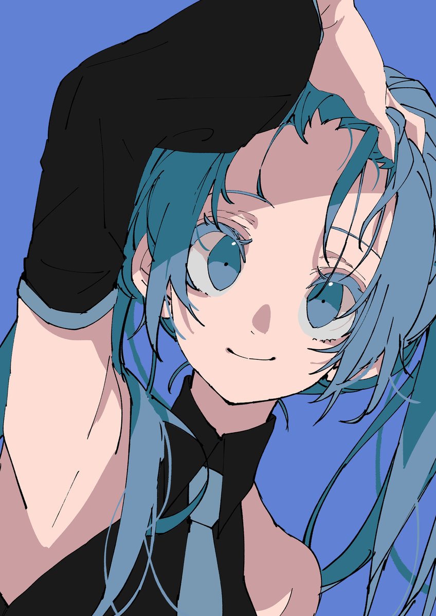 hatsune miku 1girl solo necktie shirt blue background smile armpits  illustration images